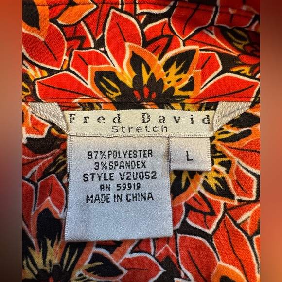 Fred David Red Black Short Sleeve pleated Stretch Button Down Shirt size Large - Picture 7 of 8